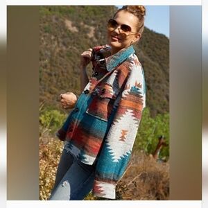 Southwestern Pattern Cropped Button-Up Jacket in Teal, Rust & Grey Size M